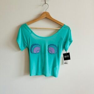 Iron Fist Mermaid For Life Aqua Mesh‎ Crop Top Womens Large Shell Applique